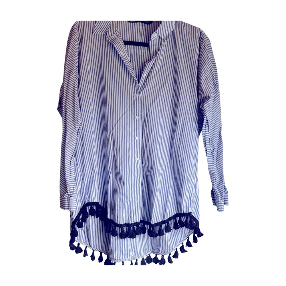 ZARA Striped Blue Tassel Hem Women's Top Size Medium